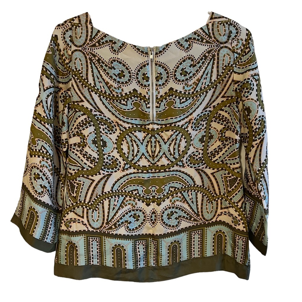 J. CREW Talitha Olive Green GEO Art Deco Print 3/4 Sleeve Silk Top * SZ 0 - Picture 2 of 5